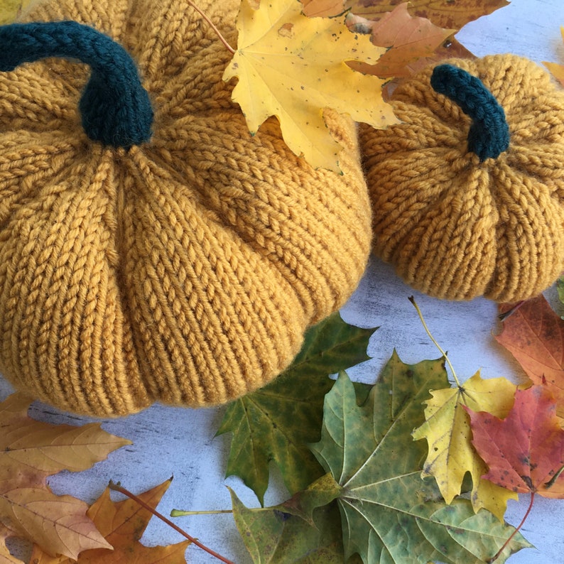 May include: Two knitted pumpkins in a mustard yellow color with green stems, surrounded by fall leaves in shades of yellow, orange, and green.