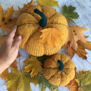 May include: Two knitted pumpkins in a mustard yellow color with green stems. The pumpkins are surrounded by fall leaves in shades of yellow, orange, and brown.