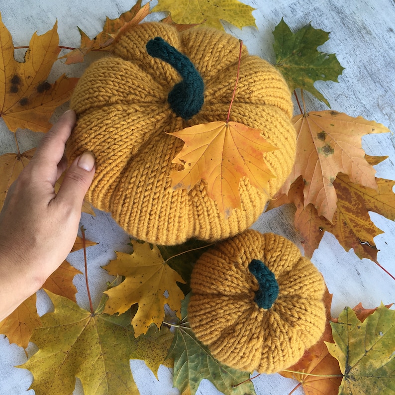 May include: Two knitted pumpkins in a mustard yellow color with green stems. The pumpkins are surrounded by fall leaves in shades of yellow, orange, and brown.