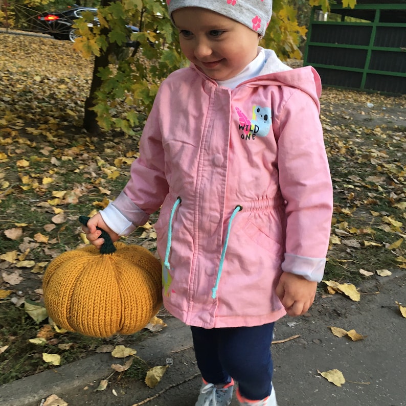 May include: A young person wearing a pink jacket with a blue and white drawstring and the text "Wild One" on the front, holding a knitted orange pumpkin.