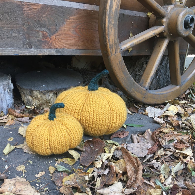May include: Two knitted pumpkins, one large and one small, are sitting on a bed of autumn leaves. The larger pumpkin is a deep yellow color, while the smaller pumpkin is a lighter yellow. Both pumpkins have green stems.