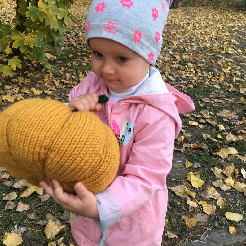 May include: A young child wearing a pink jacket and a grey and pink hat holds a knitted pumpkin in their hands. The child is standing in a pile of fallen autumn leaves.