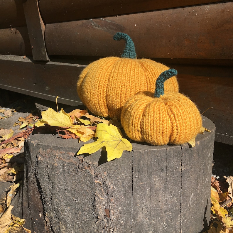 May include: Two knitted pumpkins, one large and one small, are sitting on a tree stump. The pumpkins are a bright orange color and have a green stem.