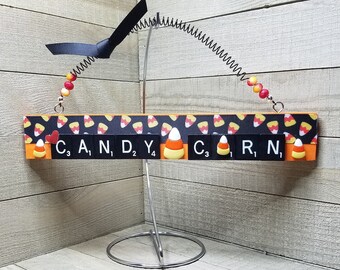 Personalized Halloween Candy Corn Sign Candy Corn Door and Wreath Accent Candy Corn Wall Decor Scrabble Tile Ornament