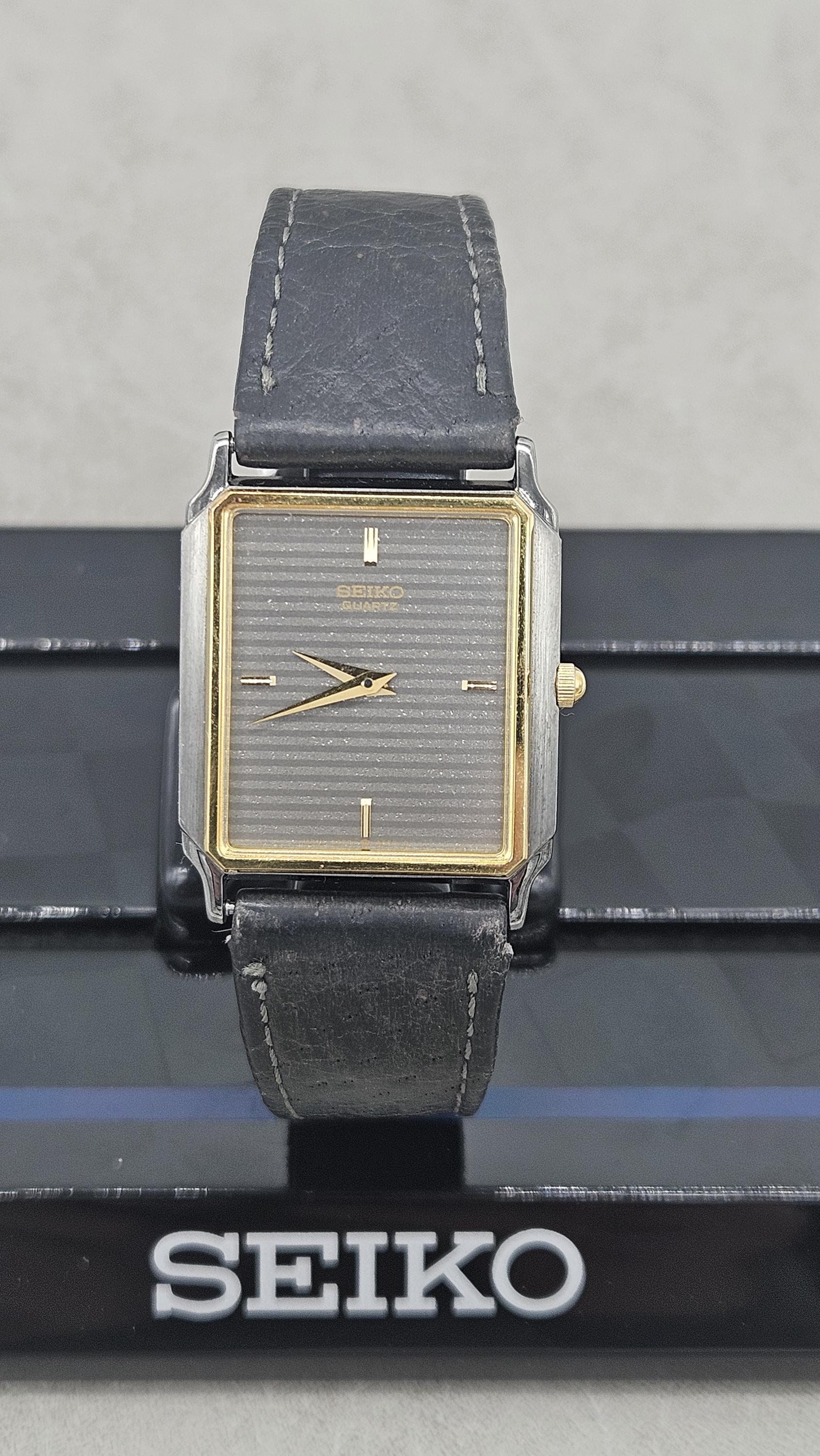 Vintage Seiko Thin Rectangle Tank Watch Rare Grey Dial Two Tone Case ...