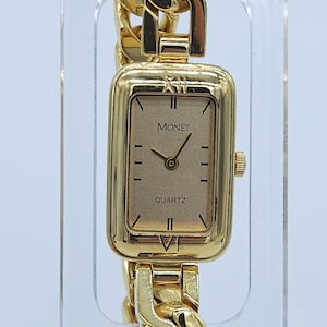 Montre tank pour femme Monet à maillons de chaîne en or extrêmement rare, mouvement 6 rubis de fabrication suisse