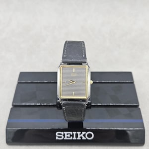 Vintage Seiko Thin Rectangle Tank Watch Rare Grey Dial Two Tone