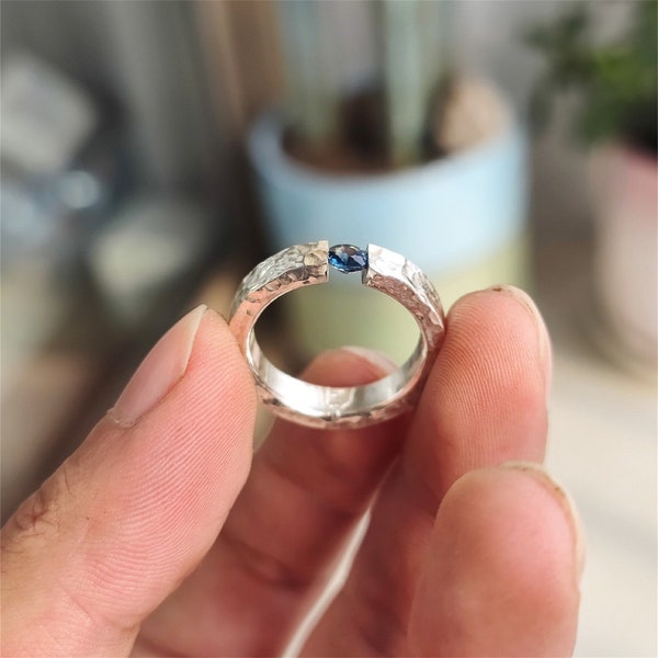 Handmade Sapphire Rings Hammer Rings Personalized Levitation Rings Custom Sterling Silver Rings Gemstone Ring Couples Rings Engagement Rings