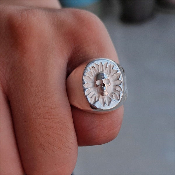 Handmade Sunflower Skull Ring Personalized skeleton Ring Stamp Ring Levitation Ring Custom Sterling Silver Ring Punk Gothic Rocker Mens Ring