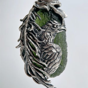Genuine Moldavite Necklace Sterling silver Raw Authentic Green Moldavite Silver Meteorite Pendant Eagle Charm Custom Real Moldavite Necklace