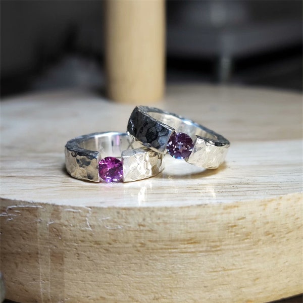 Purple Gem Rings Handmade Hammer Rings Personalized Levitation Ring Custom Sterling Silver Ring Pink Gem Ring Couples Rings Engagement Rings