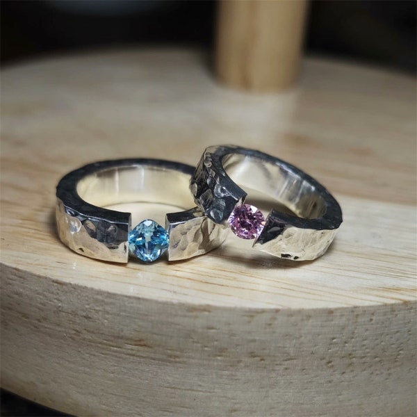 Sapphire Rings Handmade Hammer Rings Personalized Levitation Rings Custom Sterling Silver Rings Pink Gem Ring Couples Rings Engagement Rings