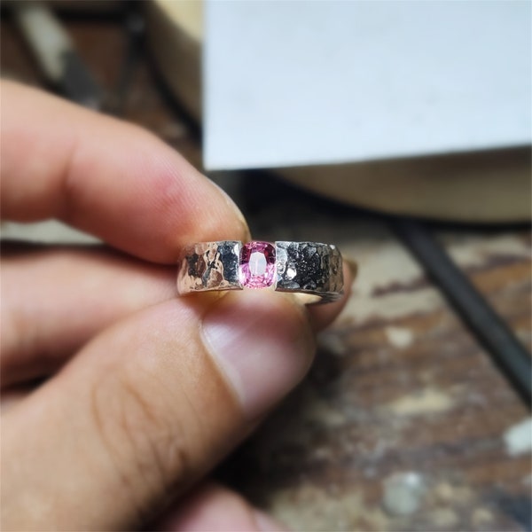 Handmade Pink spinel Rings Hammer Ruby Ring Personalized Levitation Rings Custom Sterling Silver Ring Gemstone Ring Engagement Couples Rings