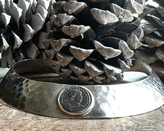 Hand Hammered Silver Choker with Roman Era coin. Statement jewel. Sculptural choker.