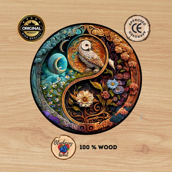 Mystical Yin Yang Owl Wooden Puzzle - 3D Design with Moon, Flowers, and Engraved Borders - Artistic and Mindful Gift