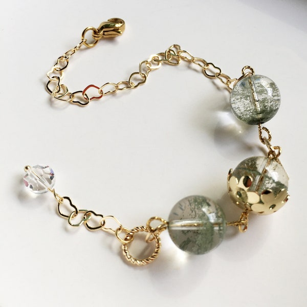 Feng Shui: Pulsera de Cuarzo Fantasma Verde de 12 mm, Suerte y fortuna, Cuarzo Fantasma, Oro chapado en 14K