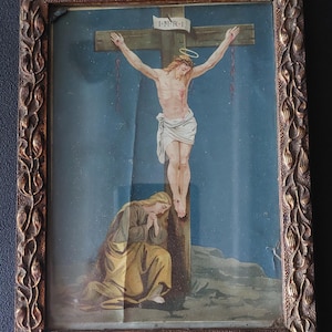 Old chromo pious image Jesus on the cross old frame