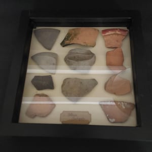 Könnte beinhalten: Gerahmte Präsentation antiker Tonscherben in verschiedenen Formen und Farben, darunter Grau, Beige und Terrakotta. Die Fragmente sind auf einem cremefarbenen Hintergrund angeordnet, mit einem kleinen Etikett unten. Der Rahmen ist schwarz.