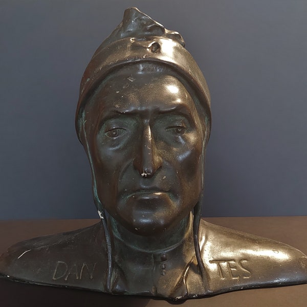 Statue Skulptur Büste von Dante in patiniertem Gips Bronze XIXth 42 cm