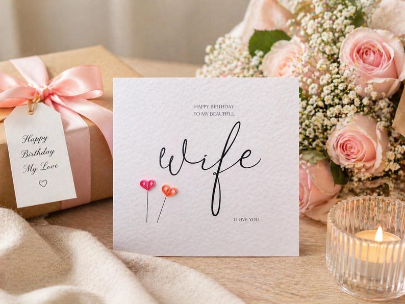 May include: A birthday card with the word "wife" in elegant script, adorned with two heart-shaped embellishments. A gift box with a pink ribbon and a tag that reads "Happy Birthday My Love" is next to the card. A bouquet of pink roses and a lit candle complete the scene.