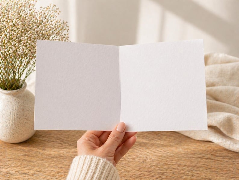May include: An open, blank greeting card held by a person, with a textured white surface. A vase with dried flowers sits to the left. The card is on a wooden surface, with a soft, beige fabric in the background.