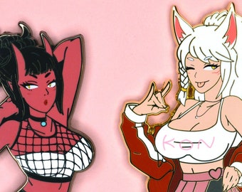 Alfileres de esmalte de personajes originales, alfileres de alta calidad Yokai Ladies Kiki Kitsune Yui Oni, alfileres de esmalte duro con chicas de Anime, regalos, ropa de calle