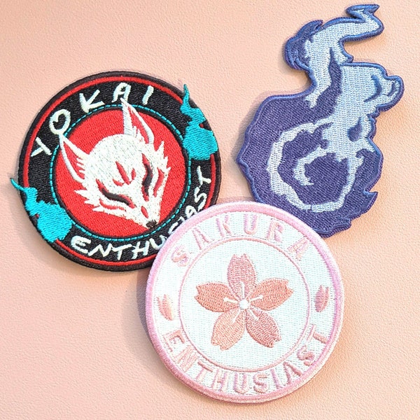 3 Inch Iron-On Patch Original Designs Yokai Enthusiast Sakura Enthusiast Purple Soul Spirit Hitodama Patches Set Japanese Folklore Inspired