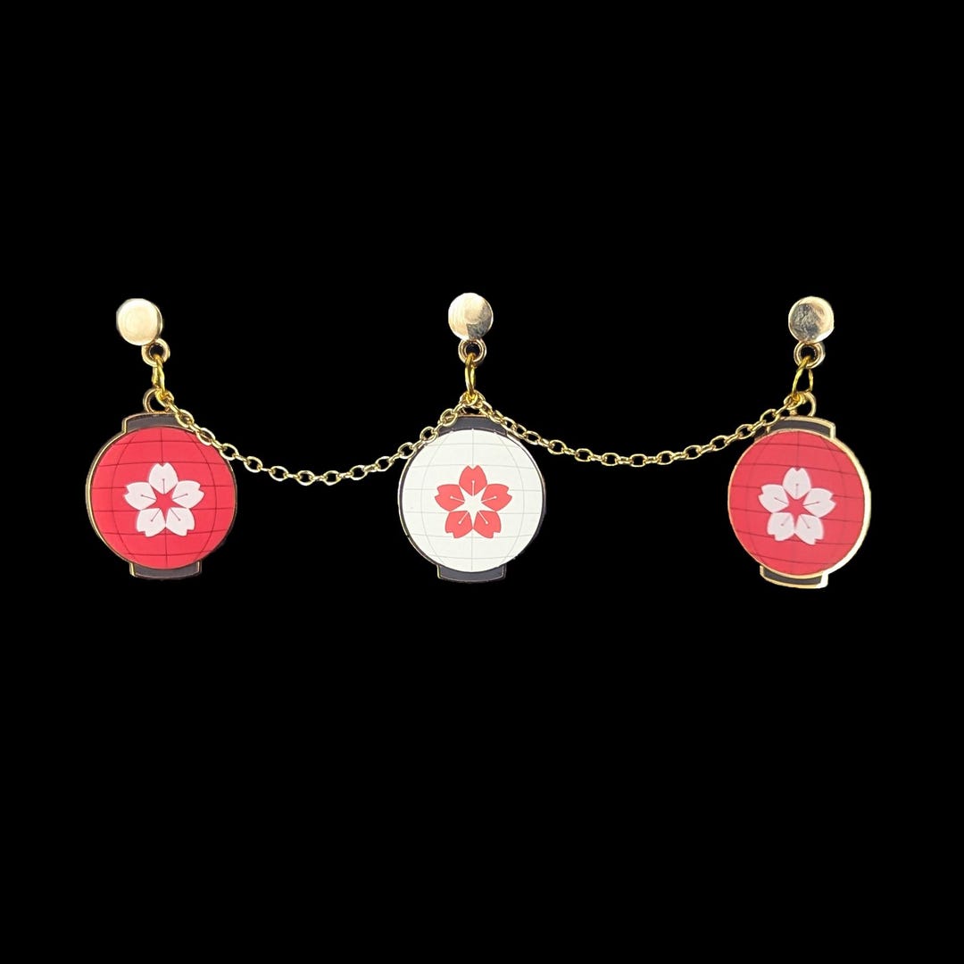 Sakura Lantern Enamel Pin Set - Gold Metal With Chains - Festival ...