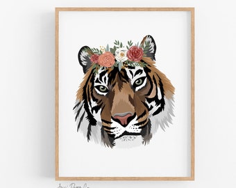 Print | Tiger Floral Crown | Hand Drawn | Boho | Floral | Animal | Neutral Print | Nursery Print | Made in Canada