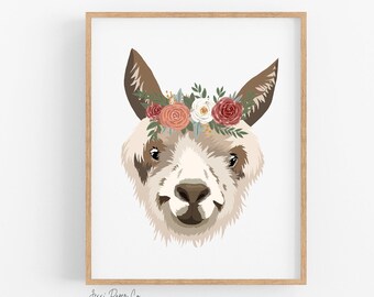 Print | Llama in a Floral Crown | Hand Drawn | Boho | Floral | Animal | Neutral Print | Nursery Print | Made in Canada | 8x10 Art Print