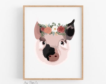 Print | Pig In a Floral Crown | Hand Drawn | Boho | Floral | Animal | Neutral Print | Nursery Print | Made in Canada