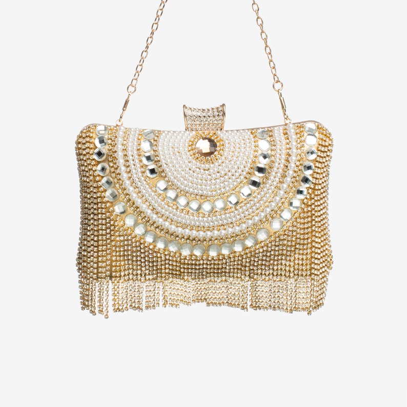Gold Diamond Rhinestone Beaded Tassels Clutch Purse Luxury Purses and Bags by Jeylux Evening
