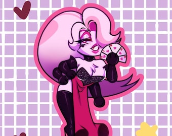 Puede incluir: Ilustración de dibujos animados de un personaje con un vestido rosa y rojo, sosteniendo un abanico. El personaje tiene cabello blanco, guantes negros y botas negras. El fondo es un patrón de cuadrícula con corazones y estrellas.
