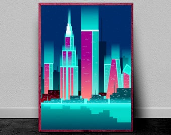 Synthwave / Outrun / Sci-Fi / Retro / 1980's || Art Print / Poster / Wall Art / Wall Decor || "Neon Metropolis"