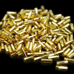Size 4 Silver-Lined Gold Twisted Bugle Beads, 20/50/100 Grams Pack, Vintage Czech Beads, Embroidery Beads,Jewelry Beads, Craft Supply
