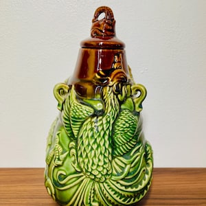 Rare Vintage Oriental Tea Caddy | Phoenix, Dragon Glazed Lidded Tea Jar