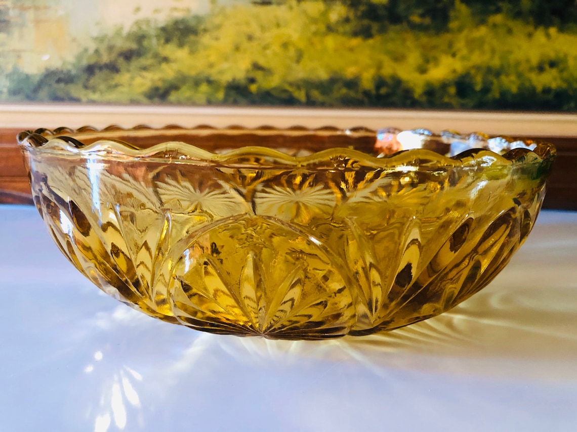Set of 2 Vintage Cut Glass Bowls Green and Amber Depression Etsy