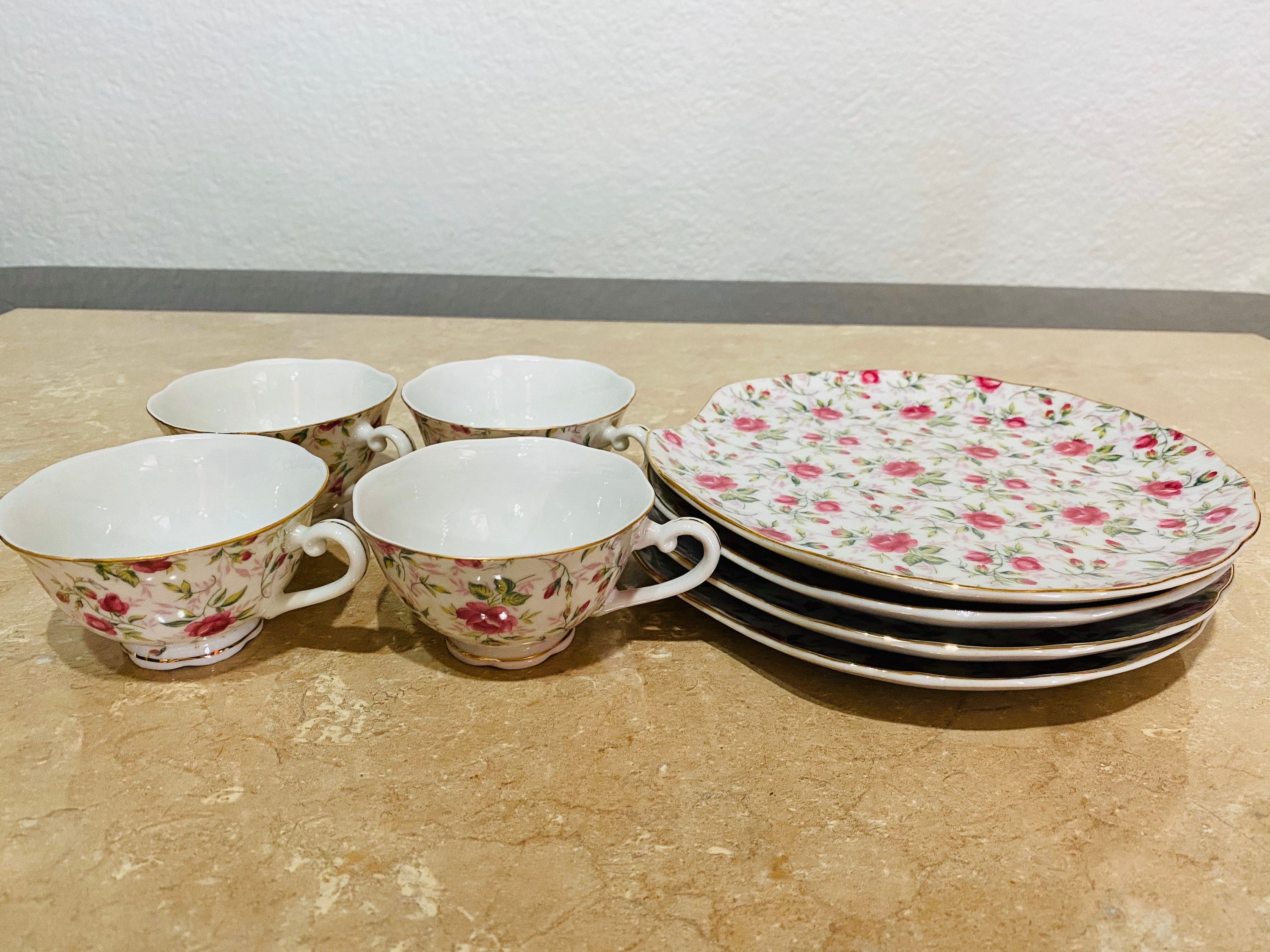 Vintage Lefton China Rose Chintz Pattern Snack Set Vintage Etsy