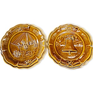 Vintage 1976 Bicentennial Plates: Liberty Bell & Boston Tea Party - California Pottery Set