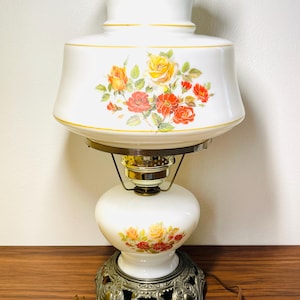 Vintage EF Industries Hurricane Lamp – 1970s Floral Milk Glass Parlor Lamp – 3 Way Light – 20” Tall