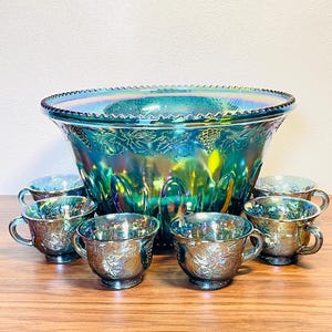 Blue Carnival Glass Punch Bowl Set Harvest Grape Pattern | Indiana Glass Harvest Iridescent Punch Bowl and Cups
