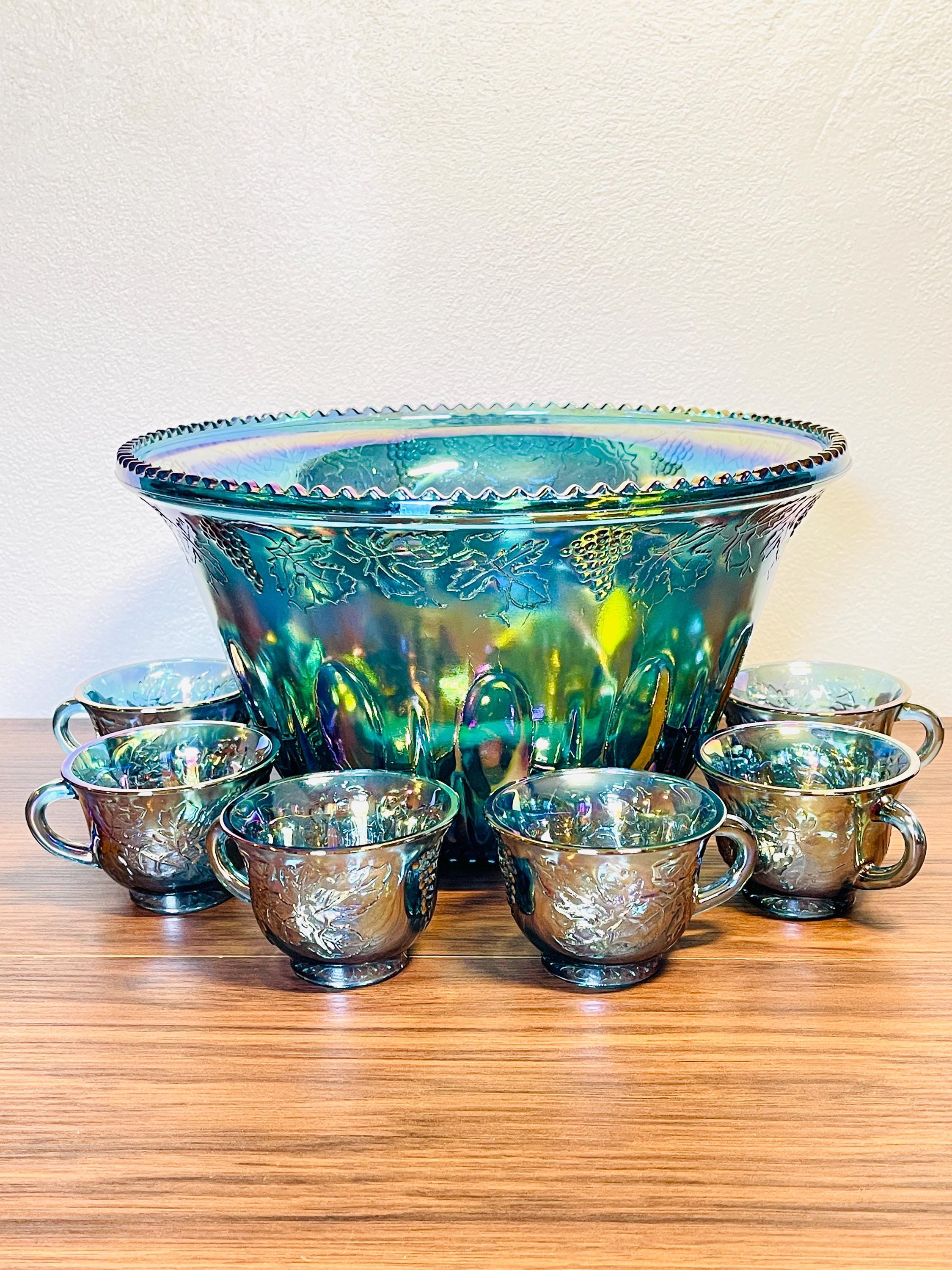 Blue Carnival Glass Punch Bowl Set: Indiana Glass Harvest Grape 