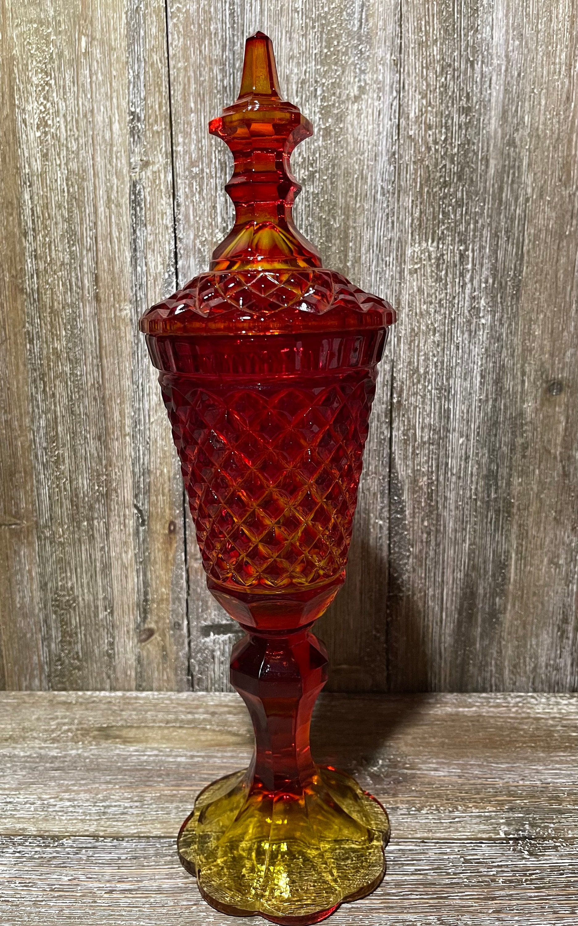 Vintage Amberina Lidded Apothecary Jar Diamond Point Vintage Indiana