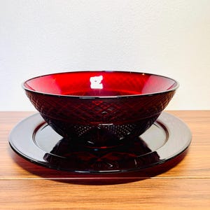 Large Ruby Red Glass Salad Bowl and Torte Plate Set by Cristal D’Arques | Vintage Red Glass Bowl and Plate