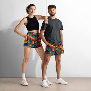 Pantalones cortos geométricos arcoíris Pride: traje de baño unisex para festivales deportivos
