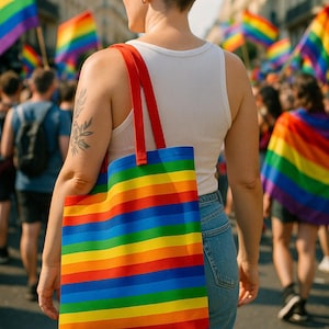 Queer Pride Tote Bag – LGBTQ+ Gay Rainbow Flag Reusable Shoulder Bag | Colorful Everyday Tote for Groceries, Beach & Pride