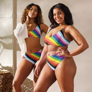 Biquíni Progress Pride Flag – Maiô LGBTQ+ inclusivo de cintura alta – Festival do Arco-Íris e Moda Praia para Celebrações do Orgulho
