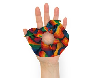 Rainbow Pride Scrunchie – Bold LGBTQ+ Hair Tie | All-Over Print Recycled Accessory | Queer Fashion Statement