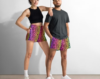 Rainbow Leopard Pride Athletic Shorts, LGBTQ+ Unisex Festival Shorts, Colorful Queer Workout Shorts