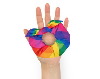 Rainbow Pride Scrunchie – Bold LGBTQ+ Hair Tie | All-Over Print Recycled Accessory | Queer Fashion Statement
